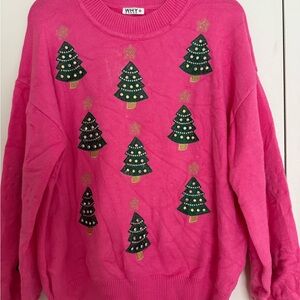 WHY Dress Pink Sweater large Christmas Trees